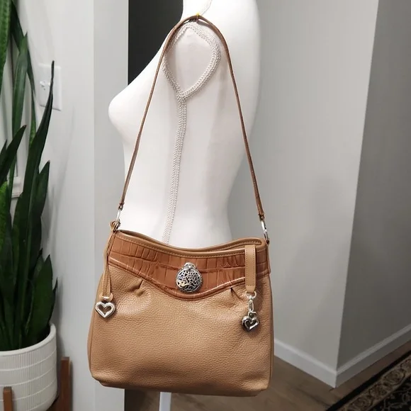 Brighton Pebbled Leather Crocodile Embossed Shoulder Handbag Purse Brown Camel - Picture 3 of 17